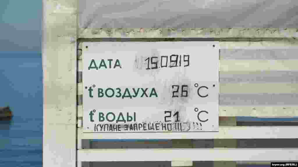 Объявление на пустующей спасательной вышке о погоде на 19 сентября 2019 года, возможно, последнее объявление перед закрытием купального сезона в прошлом году